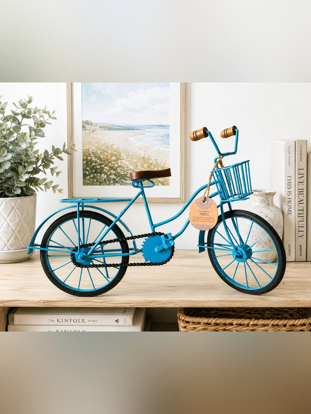 Handcrafted Metal Bicycle Decor – Teal Blue – Wood Accents – 18"